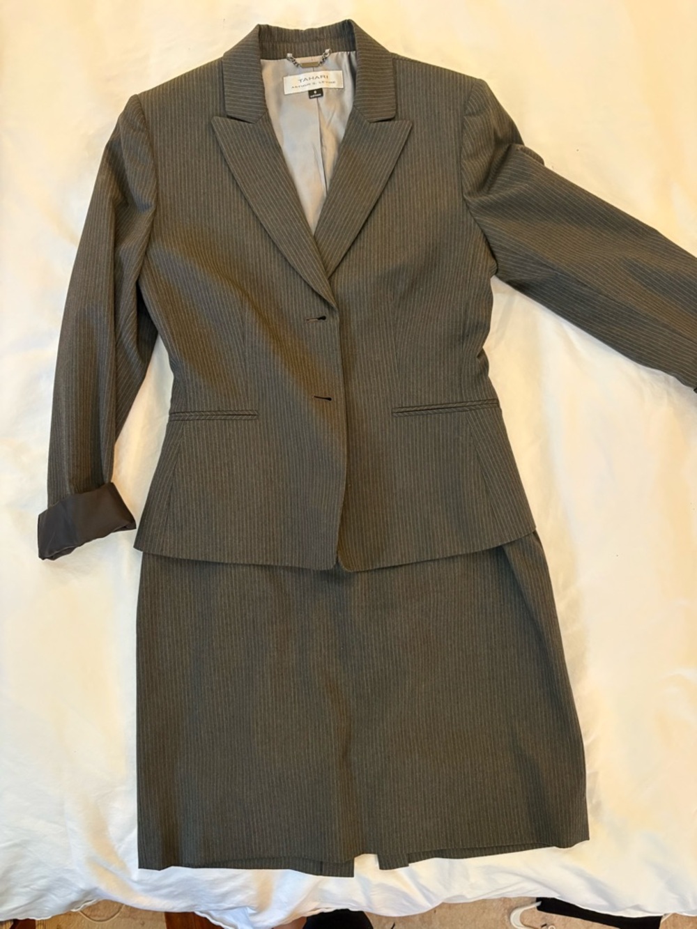 Tahari Classic Women's Charcoal Pinstripe Blazer & Skirt Set - Picture 2 of 15